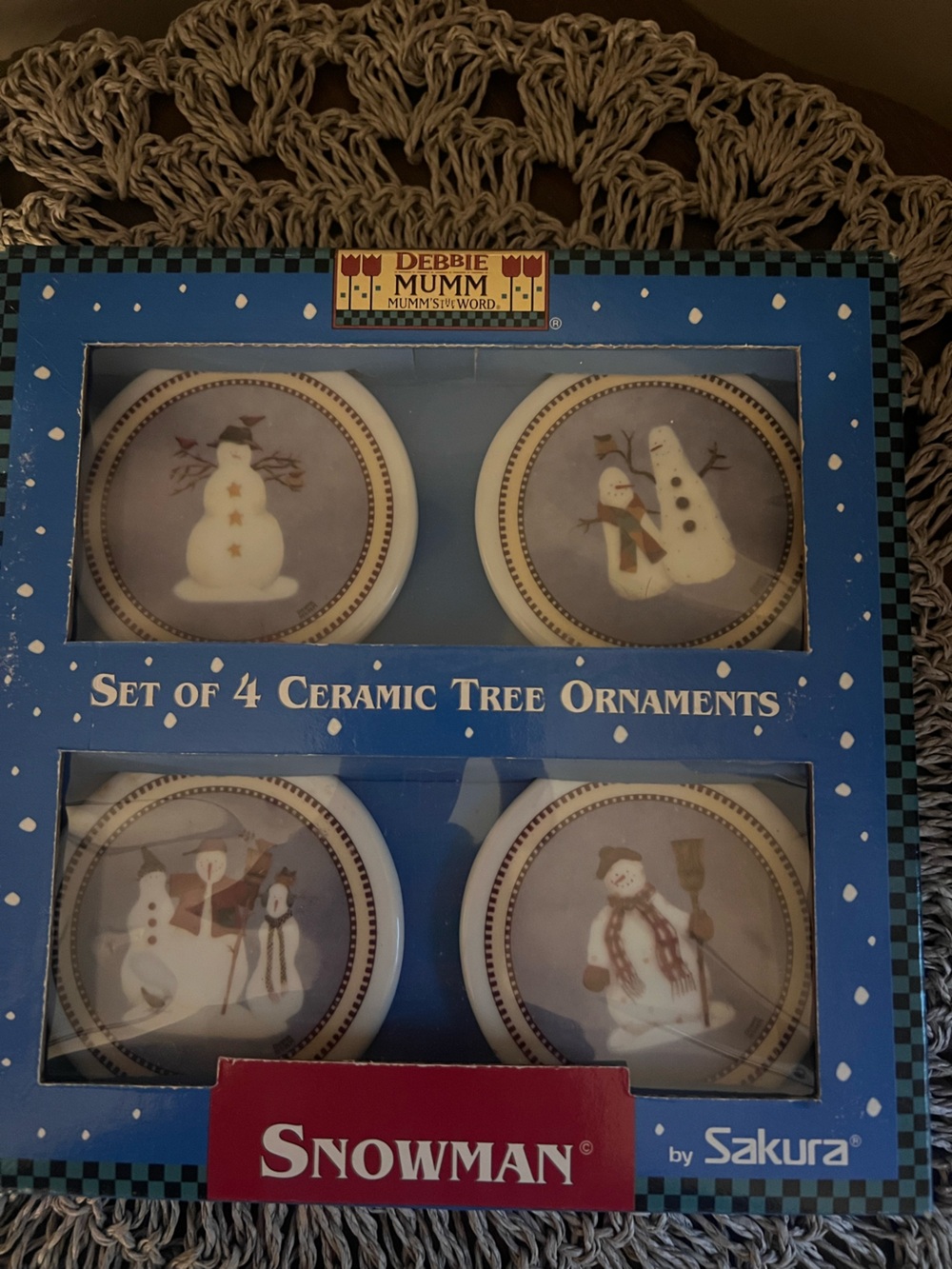 Vintage Sakura Debbie Mumm Ceramic Snowman Christmas Holiday tree ornaments set
